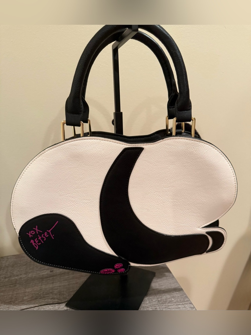 Betsey Johnson Panda Satchel Crossbody Bag Pom Pom Novelty Purse Black White - Picture 4 of 16